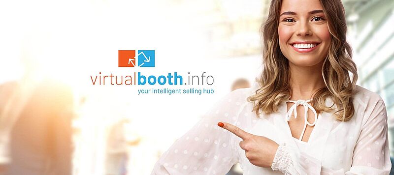 Bild einer Frau und der Verweis Virtual booth - Website: Virtueller Messestand