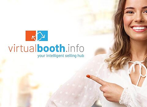 Bild einer Frau und der Verweis Virtual booth - Website: Virtueller Messestand