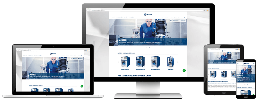 www.aerzen.com Aerzen responsive: Ansicht auf 4 unterschiedlichen Endgeräten