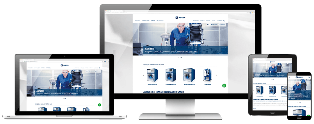 Aerzen responsive: Ansicht auf 4 unterschiedlichen Endgeräten